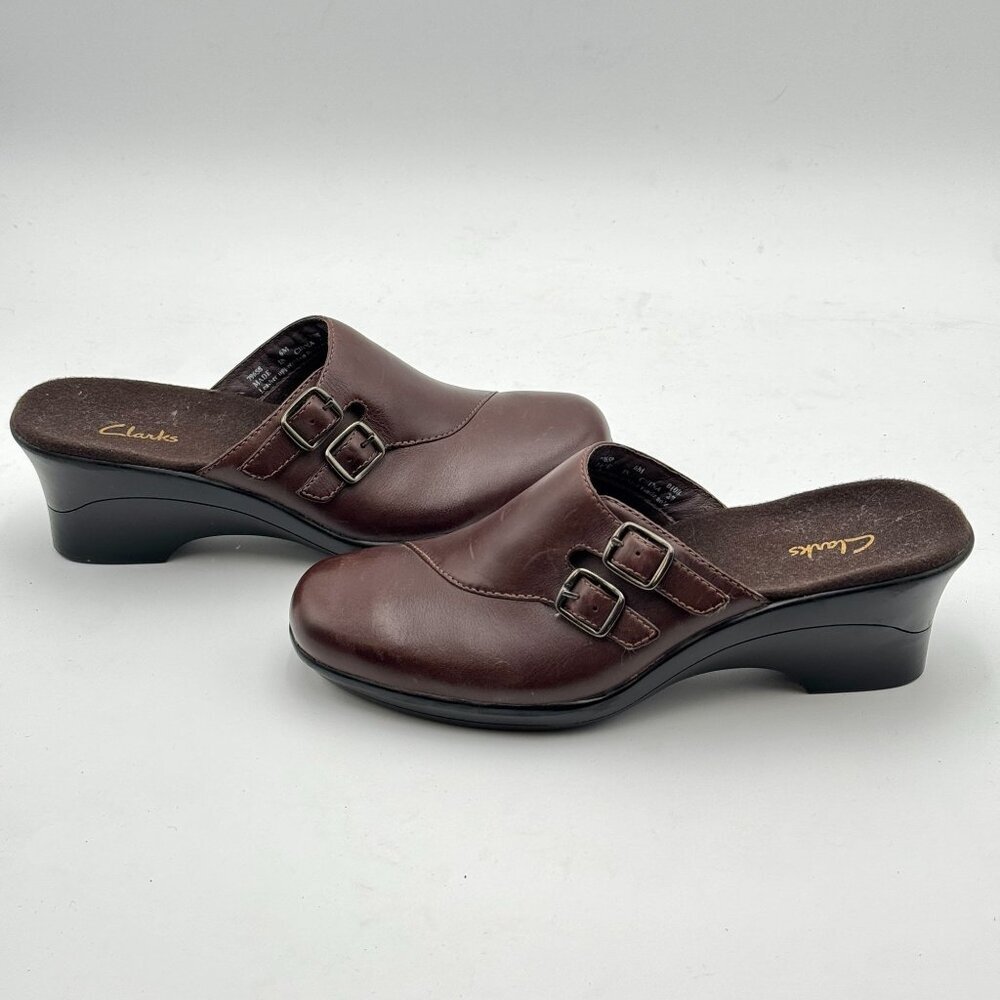 Clarks Mules Heels Chocolate Brown Leather Womens Y2K Slip On Clogs Size 6M